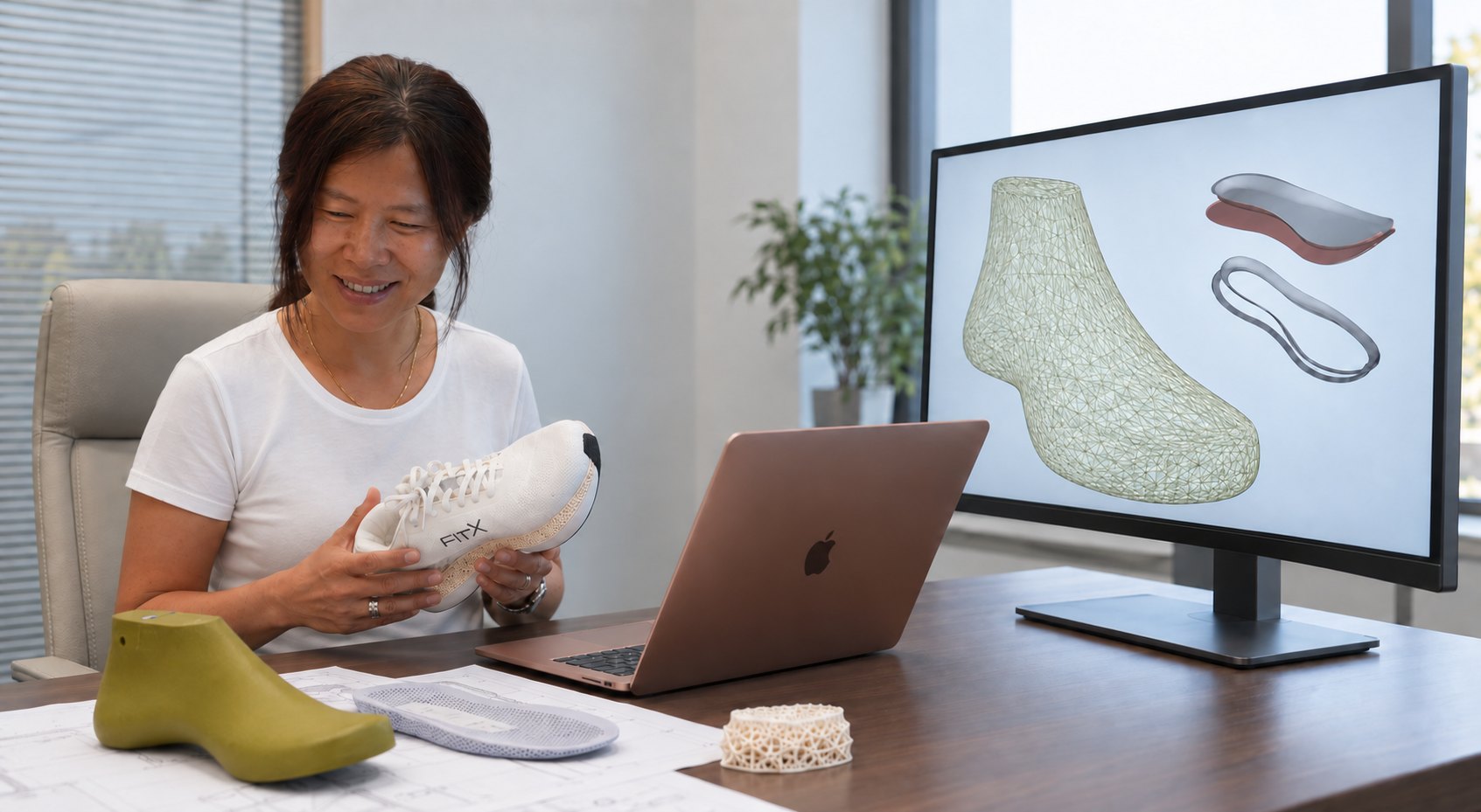 FitX team member reviewing a 3D foot scan next to a FitX 01
