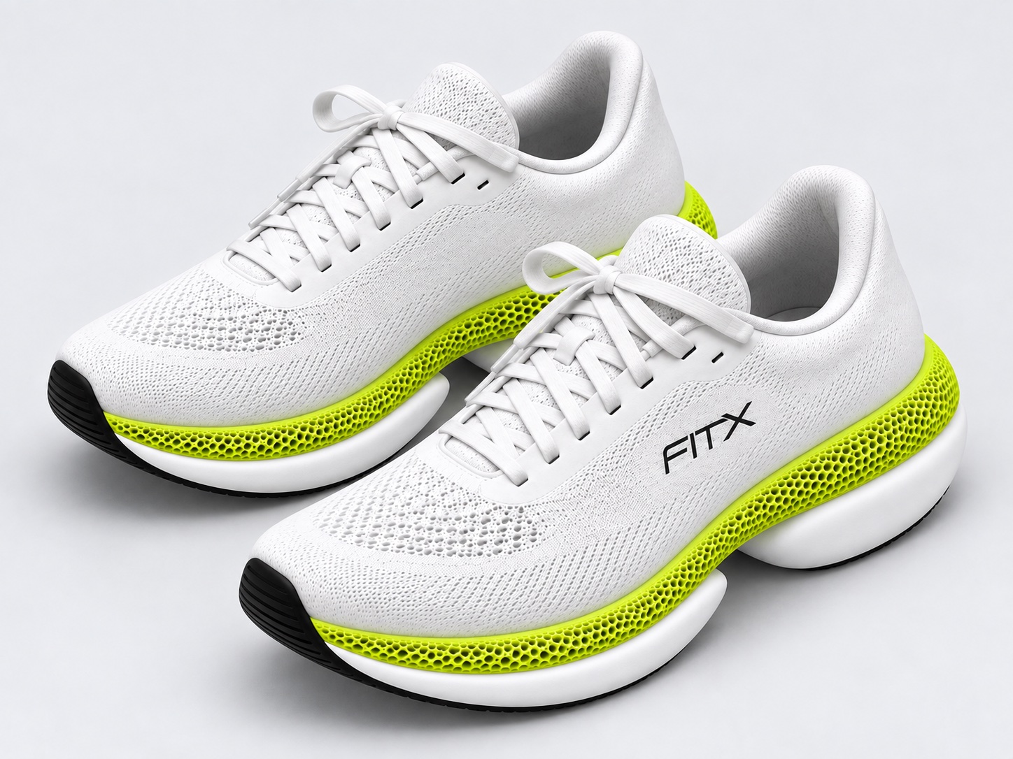 Three-quarter view of a pair of white FitX 01 running shoes.