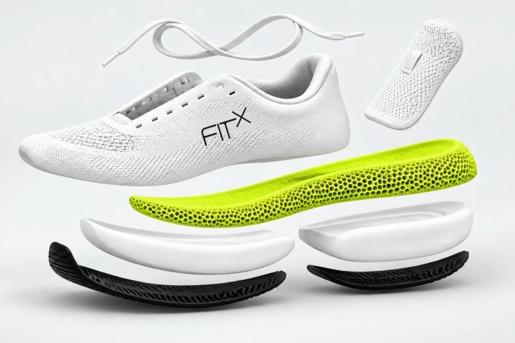 The FitX 01 shown as separate parts: knit upper, lime green 3D-printed lattice midsole, foam base and TPU outsole.