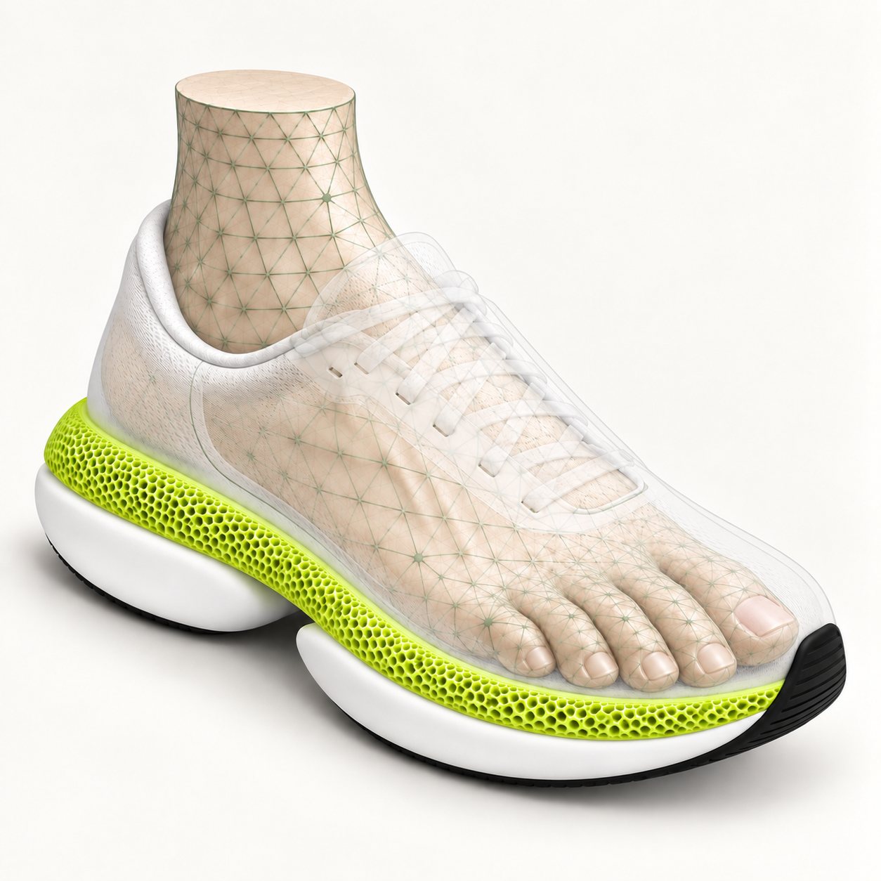A foot inside the FitX 01, seen through its translucent upper, over the lime green 3D-printed lattice midsole and the foam base.