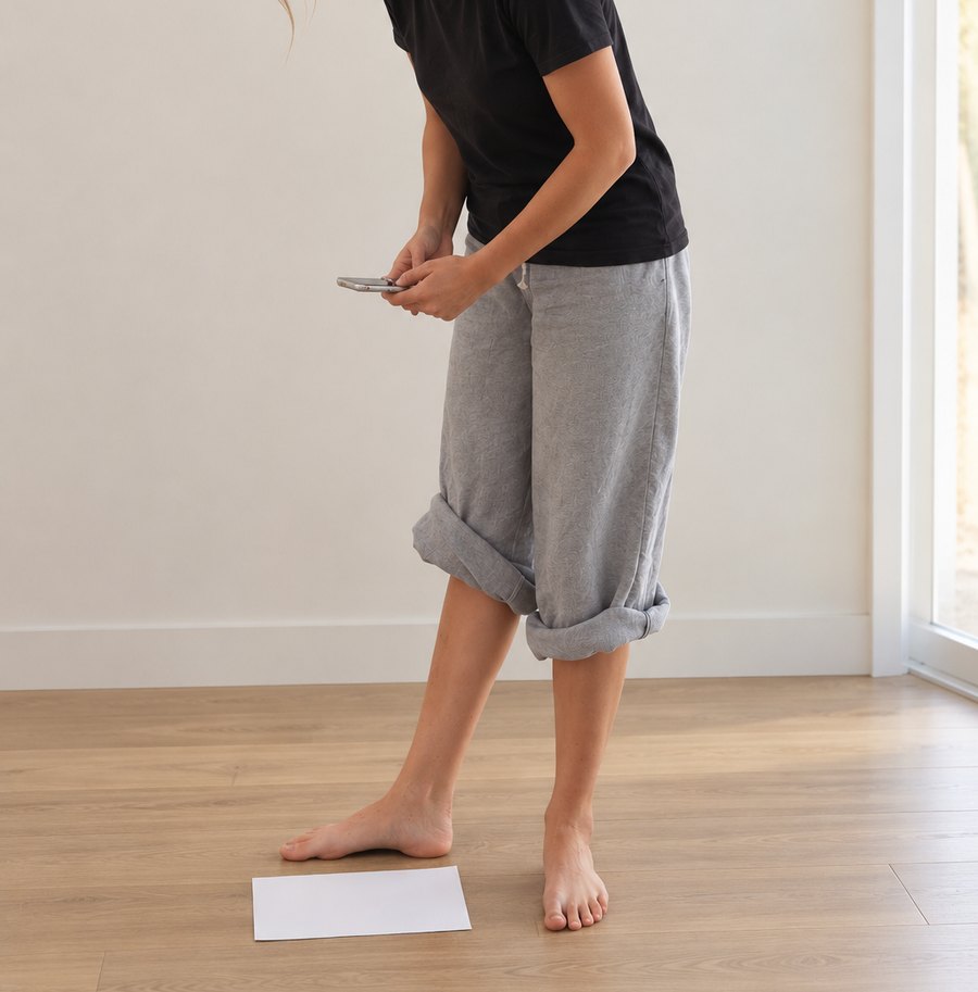 Person scanning their bare feet with a phone